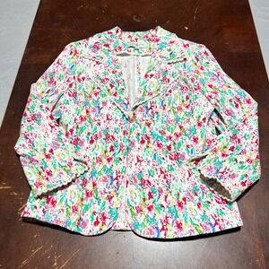 Kate & Rosy Women Floral Pom-Pom Trim Blazer Jacket White Pink Green Medium
